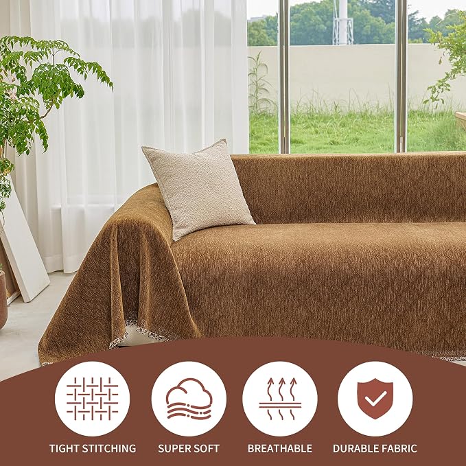 VANJOROY Couch Chair Cover, Armchair for 1 Cushion Couch, Washable Chenille Sofa Cover Protector Soft Sofa Slipcovers for Pets Dog with Tassel,71"x 91" Brown - Image 2