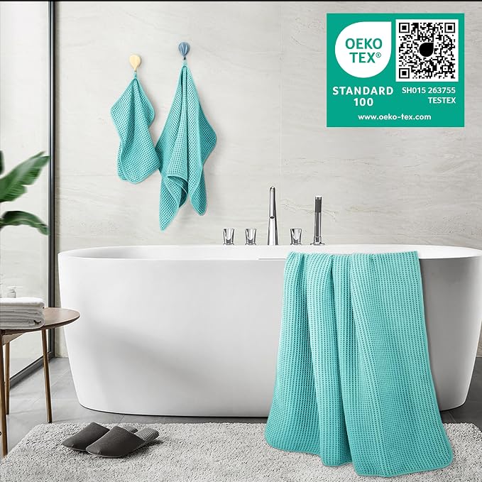 POLYTE 430 GSM Microfiber Quick Dry Lint Free Oversize Bath Towel Set, 6 Piece (Waffle Weave) - Image 3