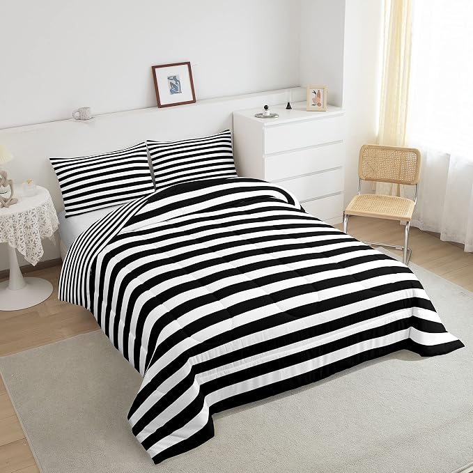 Striped Comforter Set Black and White Stripe Bedding Set Full Kids Boys Girls Women Men Farmhouse Ticking Stripes Duvet Set Horizontal Stripes Adults Abstract Gothic Home Decor Soft Reversible - Image 2