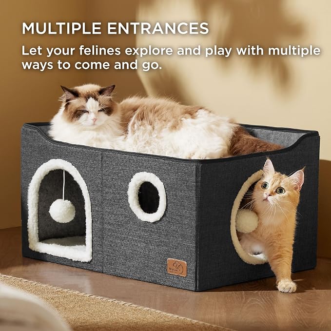 Bedsure Extra Wide Cat House Bed with Fluffy Ball and Scratch Pad | Dark Grey 23.6x16.9x13 in,Indoor Cat Cave for Multiple Pets, Foldable Cat Hideway Cube for Sleeping Large Cat and Kitten - Image 2