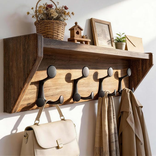 SKOLOO Wall Shelf with Hooks, 24-Inch, Weathered Brown | Coat Rack Wall Mount with Shelf, Heavy Duty, 4 Tri Hooks, Perfect for Entryway, Hallway, Living Room, Bedroom, Mudroom by SKOLOO