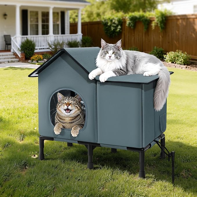 Weatherproof Heated Cat House for Outside with Heating Pad, Elevated Feet Outdoor Cat House, Expanded Canopy Warm Cats Shelter, Heating Pet Beds for Feral or Stray Cats in Winter (Warm Grey, Unheated) by HABUTWAYMakeYourLifeComfortable