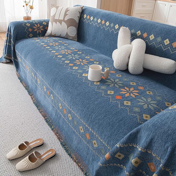 VClife Boho Couch Cover Blue Geometric Jacquard Pattern Sofa Cover, 1 Piece Large Couch Covers for 3 Cushion Couch Sofa Washable Plush Chenille Sofa Protector for Living Room, 71x150 Inch by VCLIFE