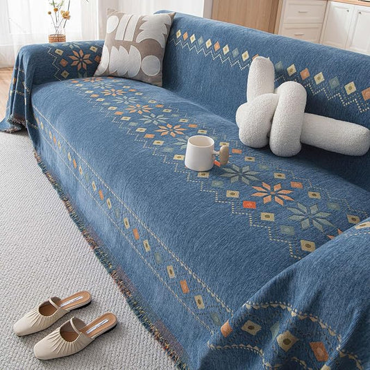 VClife Boho Couch Cover Blue Geometric Jacquard Pattern Sofa Cover, 1 Piece Large Couch Covers for 3 Cushion Couch Sofa Washable Plush Chenille Sofa Protector for Living Room, 71x134 Inch by VCLIFE