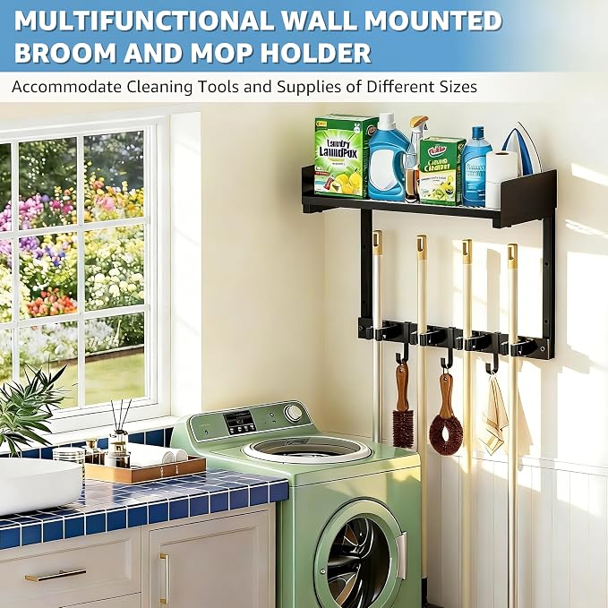 HUFAND 15" Wall Mounted Broom Holder and Mop Organizer with Shelf and Hook | Black Broom Holder Wall Mount, 4 Grippers, 3 Movable S-Hooks, For Garage And Laundry Room Storage - Image 2