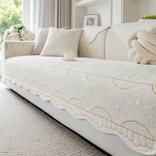 Cotton Quilted Pet Couch Covers for Sofa Farmhouse Rustic Floral Embroidery Sectional Couch Cover Soft Anti-Slip Sofa Slipcover Furniture Protector for Kids, Dogs, Pets (Cream,43"x94") by WelcometoXSlive