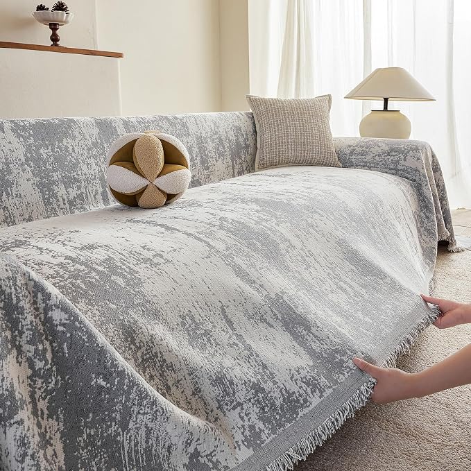 STACYPIK Abstract Geometric Couch Cover for Sectional, Chenille Aesthetics Loveseat Couch Protector for 2 Cushion Couch, Non Slip Gray Jacquard Pet Sofa Covers Washable, Couch Covers Blanket-71X118IN - Image 4