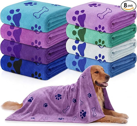Chumia 8 Pcs Microfiber Dog Towels for Drying Dogs Cats 55 x 28 Inch Pet Towels Bulk for X-Large Puppy Absorbent Fast Drying Paw Bath Bathing Supplies for Pets(Dog Paw and Bone,Classic Color) by Chumia