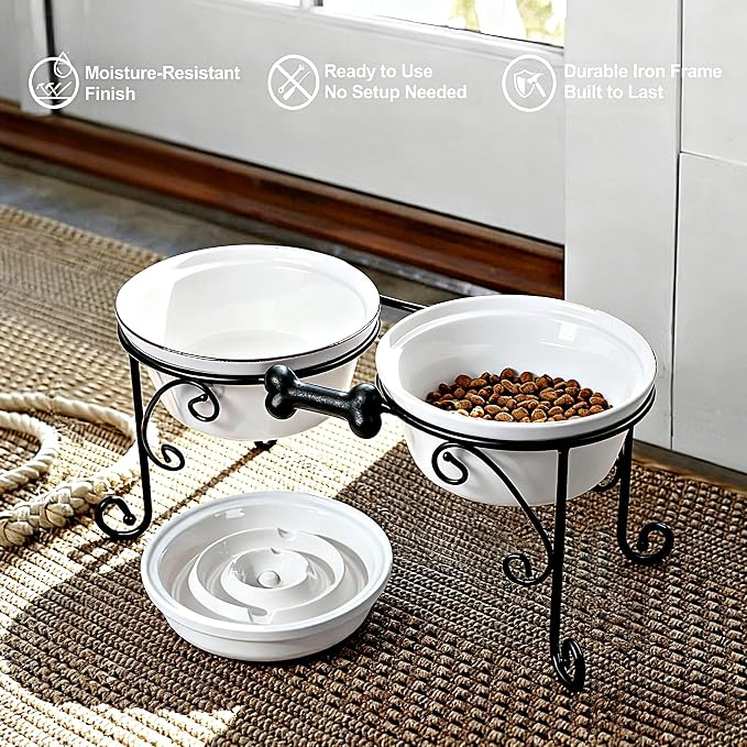 Elevated Dog Bowl Stand with 3 Large Ceramic Bowls – Raised Feeding Station for Medium & Large Dogs, Includes 2 Standard Bowls + 1 Slow Feeder, Durable Iron Frame, Non-Slip (White) - Image 2