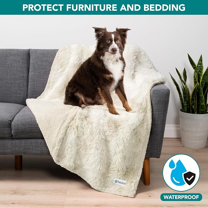 PetAmi Waterproof Dog Blanket for Couch, Bed & Furniture,Reversible Sherpa & Faux Fur Pet Blanket, Leakproof Blanket for Puppy Cat, Washable Soft Calming Pet Couch Protector (29x40, Cream Beige) - Image 2