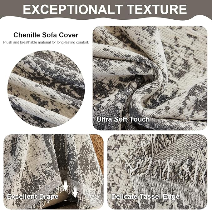 VClife Boho Couch Cover, Non Slip Soft Couch Covers for 3 Cushion Couch Sofa Pet Friendly, Irregular Vintage Grey Off-White Scraped Texture Furniture Protector Sofa Slipcover for Dog, 71" X 134" - Image 3