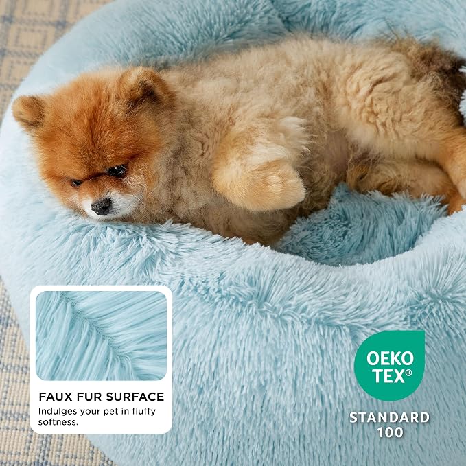 Bedsure Calming Small Dog Bed Donut Washable Cat＆Puppy Bed,23 inches | Fluffy Faux Fur Round Cuddler,Anti-Slip Bottom,Anti-Anxiety,Deep Sleeping for Large Cat & Pets Up to 25 Lbs,Aqua Blue - Image 2