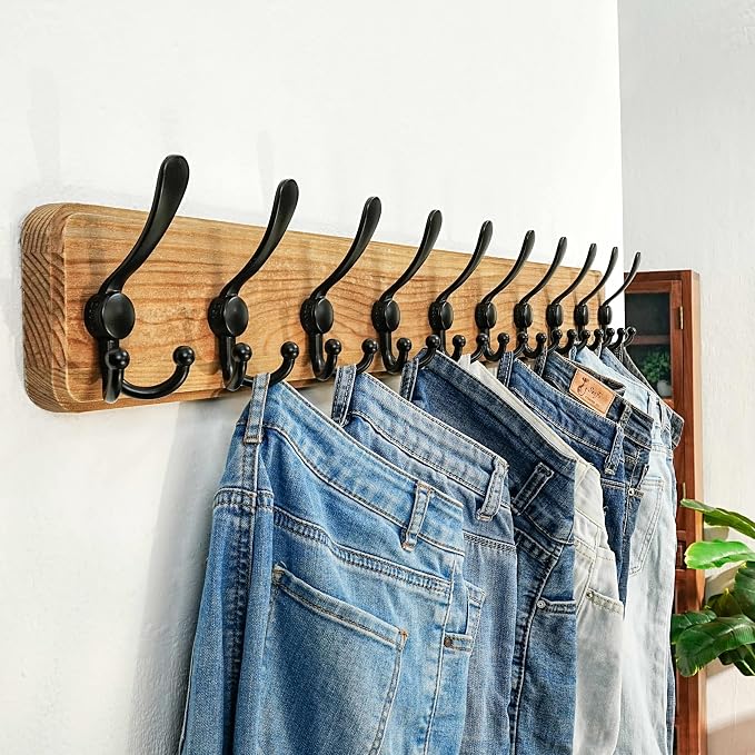 Dseap Coat Rack Wall - Heavy-Duty 38-1/4" Long, with Reinforced 10 Custom Tri-Hooks, Solid Wood Wall Hanger for Coats Hat Jackets - Rustic Farmhouse Entryway Storage,Weathered Brown & Black,Pack of 2 - Image 2