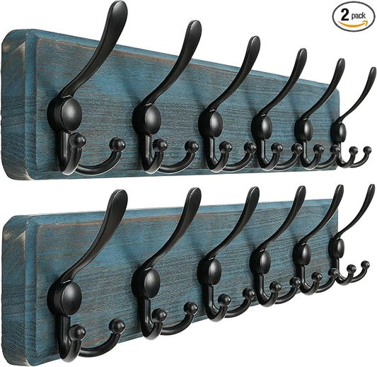 Dseap Coat Rack Wall Mounted - 24" Long 6 Tri Hooks, Heavy Duty Wooden Wall Coat Hanger Coat Hook for Clothes Hat Jacket Clothing, Weathered Blue and Black, Pack of 2 by Dseap