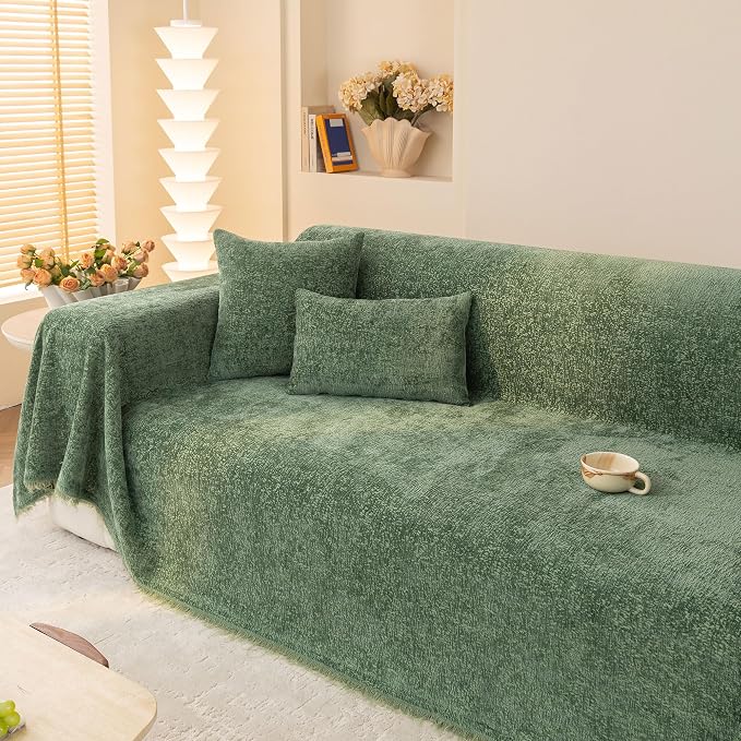 Forest Green Soft Thick Slub Chenille Couch Cover Large 71x118 in | for All Shape Sofa Couch, Slub Furniture Protector Machine Washable, Green Sofa Slipcover for Dogs Pets Kids - Image 5
