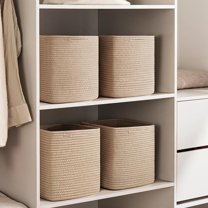 joybest 11inch Cube Storage Bins, Cotton Rope Woven Organizer Basket | Set of 4 Cube Bin Square Shelves Organizer Closet Storage, Nursery, Toy Organization, Brown - Image 6