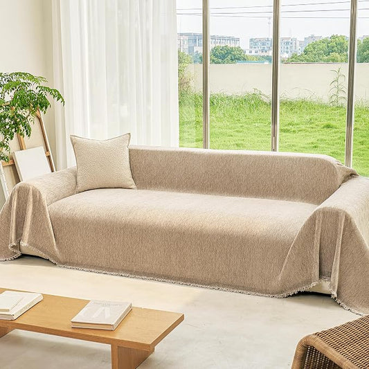 VANJOROY Boho Oversized Couch Sofa Cover for 3-4 Cushion Sectional Sofa L-Shape -Washable Chenille Couch Cover for Dogs Pets, Khaki Couch Cover Protector Soft Sofa Slipcovers with Tassel,91"x 150" by CHOOSEVANJOROYENJOYAMORECOMFORTABLEFEELING