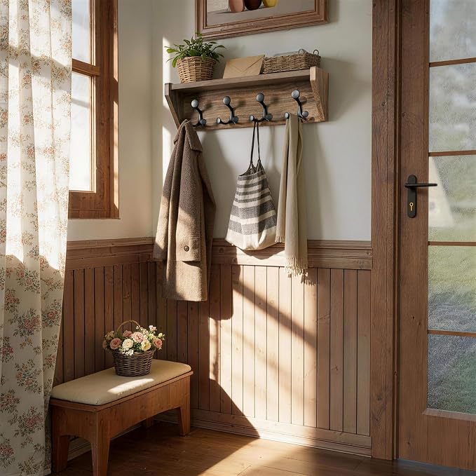 SKOLOO Wall Shelf with Hooks, 24-Inch, Weathered Brown | Coat Rack Wall Mount with Shelf, Heavy Duty, 4 Tri Hooks, Perfect for Entryway, Hallway, Living Room, Bedroom, Mudroom - Image 6