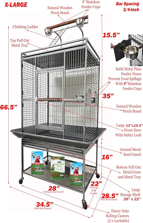 X-Large Elegant and Durable Wrought Iron Play Ground Perch Stand Top Climbing Ladder Bird Parrot Rolling Metal Cage with Around Seed Guard Storage Shelf On Heavy Duty Lockable Rolling Wheels - Image 2
