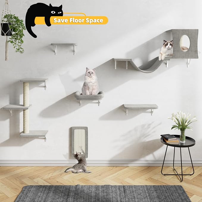 NUNU LAB Wall Mounted Cat Furniture Set - 6 Pcs Climber Set with House, Bridge, Steps, Scratcher Board - DIY Walls Playground, Indoor Cat Shelves - Gray - Image 2
