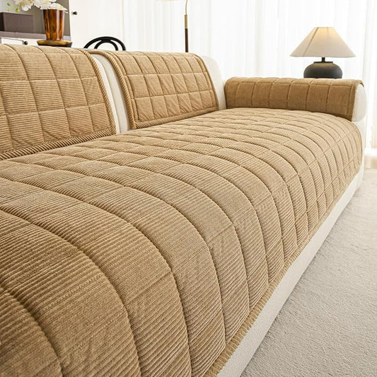 Velvet Couch Covers for Sectional Sofa Washable, Non-Slip L Shaped Sectional Couch Cover, Soft Pet Couch Covers for Sofa, Furniture Slipcovers for 3 Cushion Couch(1PC,35"x94",Light Brown) by PJLZJFBY