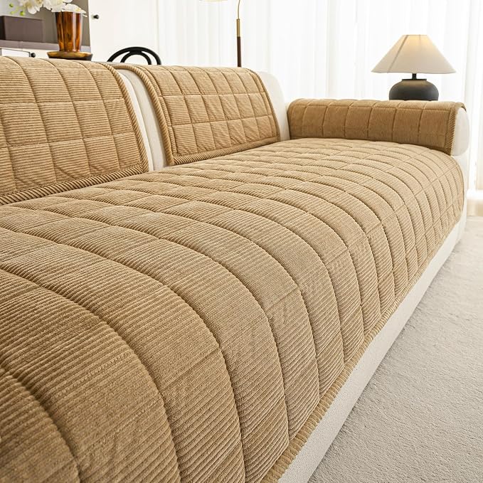 Velvet Couch Covers for Sectional Sofa Washable, Non-Slip L Shaped Sectional Couch Cover, Soft Pet Couch Covers for Sofa, Furniture Slipcovers for 3 Cushion Couch(1PC,35"x94",Light Brown) by PJLZJFBY