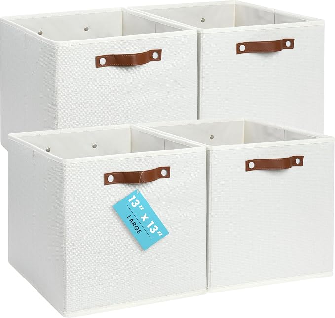 OrganiHaus 13x13 Cube Storage Bins, Set of 4 - Fabric Storage Cubes | Sturdy, holds its shape; odor-free; fits IKEA Kallax and Expedit; vegan leather handles by OrganiHaus