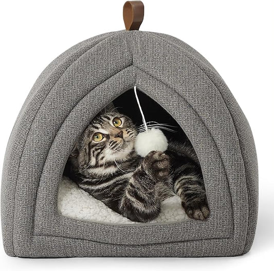 Bedsure 2in1 Cat Beds for Indoor Cats Cave for Kitten with Washable Pillow | 16in, Cat House for Small Pet, Covered Cat Tent, Foldable Hideaway, Fluffy Ball, Anti Slip Bottom, Removable Cushioned ,Grey by Unknown