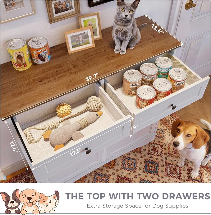 FIMELLO 39.7’’W Dual Doors Dog Food Storage Cabinet, Tilt-Out Dog Feeding Station with 4 Feeding Bowls, Pet Feeder Cabinet, White Grain - Image 3