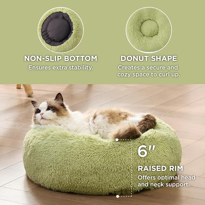 Bedsure Calming Cat Beds Donut Round Washable Kitten Bed,20 inches Green | Fluffy Faux Fur Cuddler,Anti-Slip Bottom,Anti-Anxiety,Deep Sleeping for Cats&Small Pets Up to 15 Lbs - Image 3
