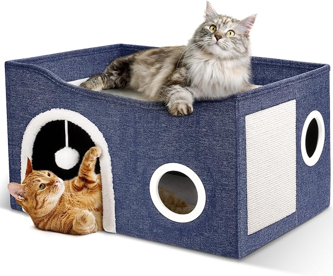 Heeyoo Cat House for Indoor Cats - Large Cat Bed Cave with Fluffy Ball and Scratch Pad, Foldable Cats Houses & Condos, Cat Hideaway, Covered Kitty Bed for Multi Small Large Kitty, 23.8x15.9x13.2 Inch by Heeyoo