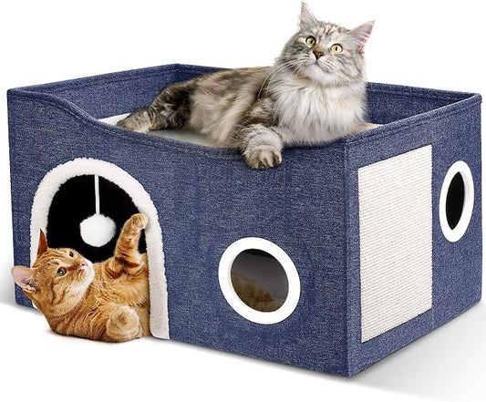 Heeyoo Cat House for Indoor Cats - Large Cat Bed Cave with Fluffy Ball and Scratch Pad, Foldable Cats Houses & Condos, Cat Hideaway, Covered Kitty Bed for Multi Small Large Kitty, 23.8x15.9x13.2 Inch by Heeyoo