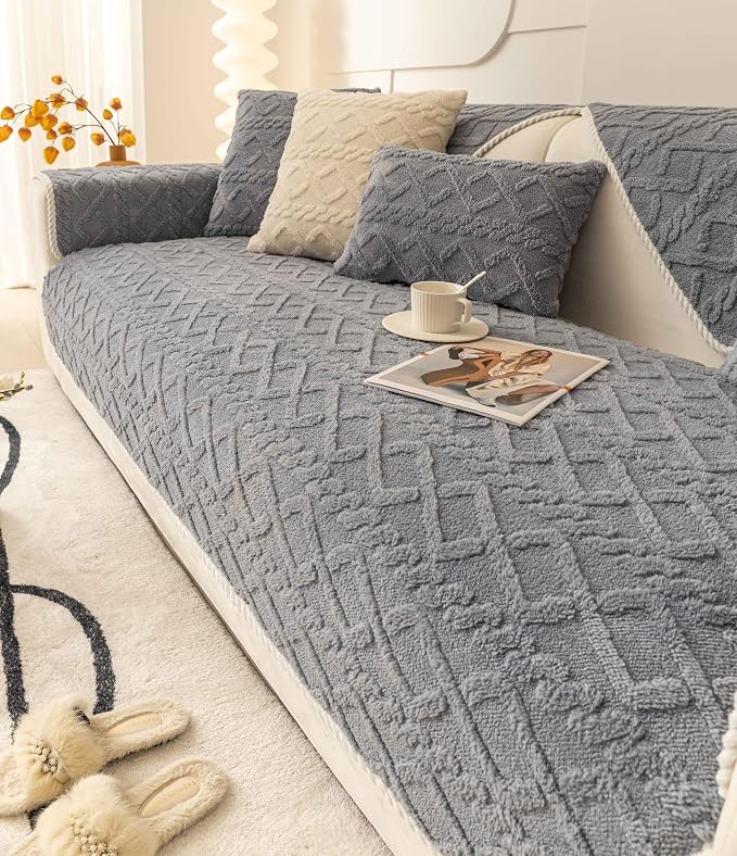 OTOB All Seasons Couch Covers for 3 Cushion Couch Sofa, Washable & Non Slip Geometric Jacquard Plush Sofa Slipcovers Pet Friendly Soft Furniture Cover Protector, 1 Piece (Light Gray, 27.6"x70.9") by OTOB