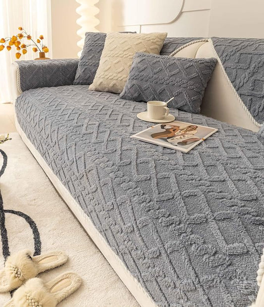 OTOB All Seasons Couch Covers for 3 Cushion Couch Sofa, Washable & Non Slip Geometric Jacquard Plush Sofa Slipcovers Pet Friendly Soft Furniture Cover Protector, 1 Piece (Light Gray, 27.6"x70.9") by OTOB