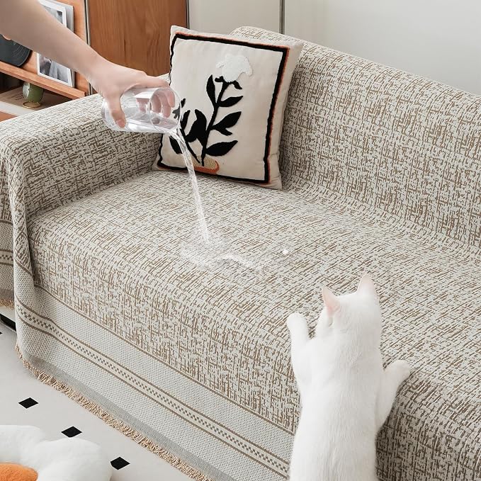 Khaki 71"x71" Waterproof Sectional Sofa Cover Boho Couch Protector for Pet | Anti Scratch Furniture Protector Pet Friendly Washable Soft Thick Chenille Couch Slipcover for 2-3 cushion, Sectional Sofa by Nestiva