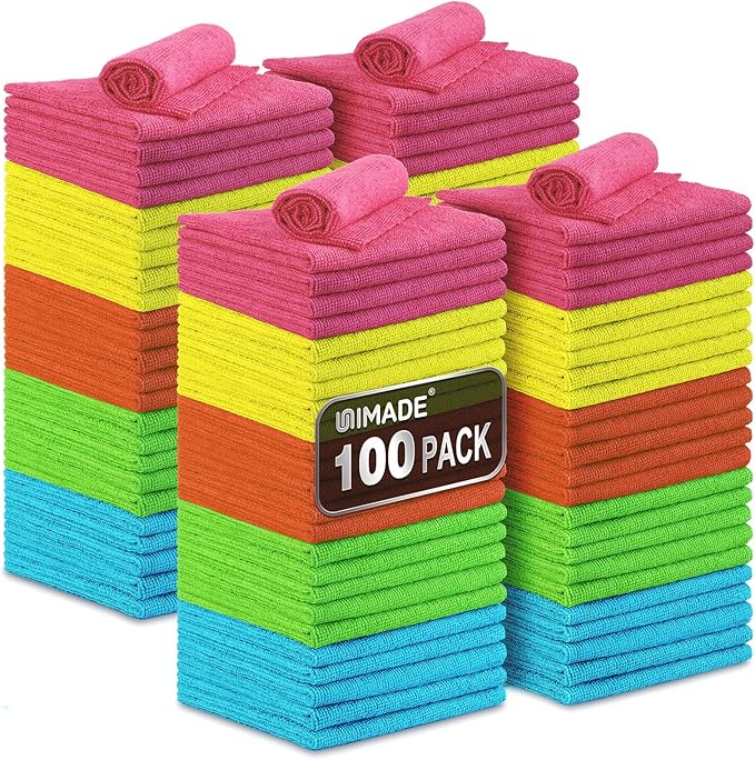 UNIMADE Microfiber Cleaning Cloth, 100PK Commercial Grade Work Rags | Microfiber Towels for Cars Cleaning Rags Bulk Detailing Cloth for Automotive Bar Mechanic Garage, 11.5"x11.5", Multicolor by Unimade