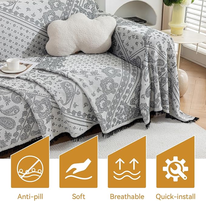 Deep Dream Boho Couch Cover Blanket, Soft Chenille Sofa Covers for 3 Cushion Couch, Sofa Slipcovers Washable Living Room Furniture Protector for Dogs Pets (Black, 71"x134") - Image 6
