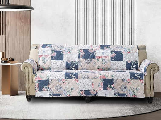 Brilliant Sunshine Vintage Indigo and Pink Roses Couch Cover, 70" seat | Traditional Patchwork Design, Non Slip Sofa Cover, Quilted Furniture Protector, Large Washable Slipcover for Pets, Dogs by BrilliantSunshine