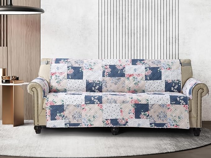 Brilliant Sunshine Vintage Indigo and Pink Roses Couch Cover, 78" seat | Traditional Patchwork Design, Non Slip Sofa Cover, Quilted Furniture Protector, Extra Large Washable Slipcover for Pets by BrilliantSunshine