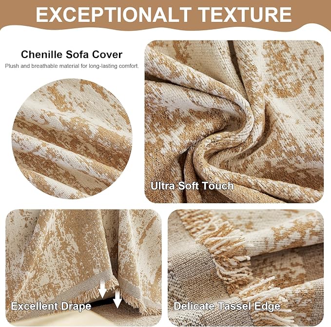 VClife Boho Couch Cover, Non Slip Soft Couch Covers for 3-4 Cushion Couch Sofa Pet Friendly, Irregular Vintage Khaki Off-White Scraped Texture Furniture Protector Sofa Slipcover for Dog, 71" X 150" - Image 3