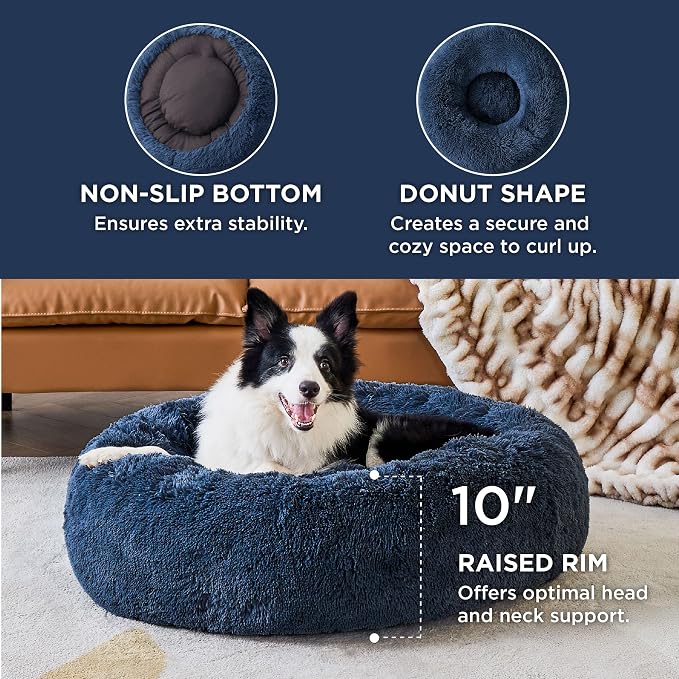Bedsure Calming Dog Beds Large Sized Dog Donut Washable Pet Bed,36ins Navy | Fluffy Faux Fur Round Cuddler,with Removable Washable Cover,Anti-Slip Bottom,Anti-Anxiety,Deep Sleeping for Pets Up to 80 Lbs - Image 3