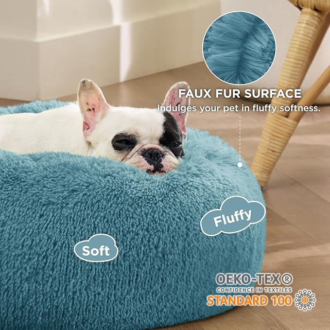 Bedsure Calming Small Dog Bed Donut Washable Cat＆Puppy Bed,23 inches | Fluffy Faux Fur Round Cuddler,Anti-Slip Bottom,Anti-Anxiety,Deep Sleeping for Large Cat & Pets Up to 25 Lbs,Washed Blue - Image 2