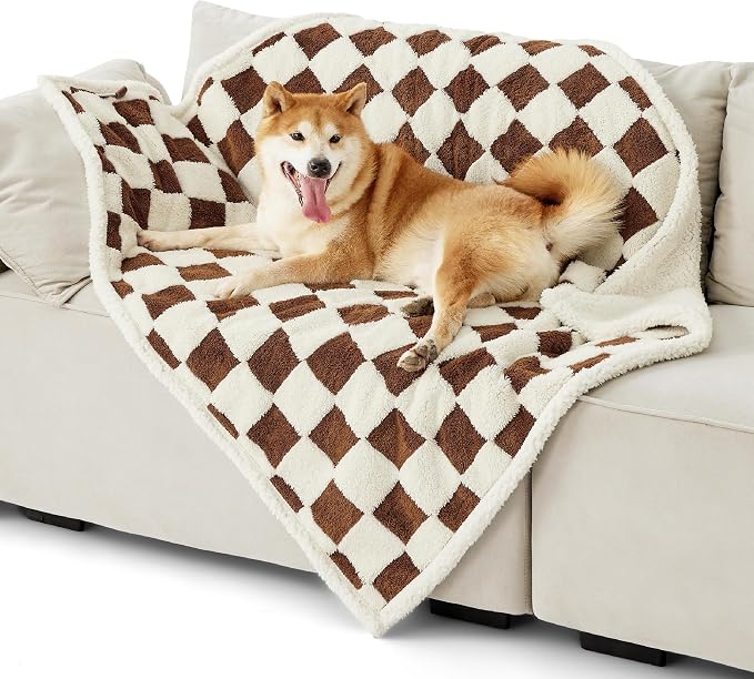 LE SURE Waterproof Dog Blankets for Large Dogs Cute Cozy 3D Jacquard,40x50 | Warm Soft Pet Blanket for Senior Dogs Aesthetic Gift, Washable Sherpa Throw, Reversible Couch Protector, Brown Checks - Image 7