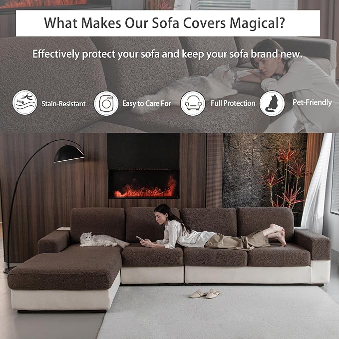 OHSIO Couch Cushion Covers for Sectional Sofa, Stretch Soft Sofa Slipcovers Washable Wear-Resistant Universal Furniture Protector for Living Room(2 Seaters Covers, Brown) - Image 5