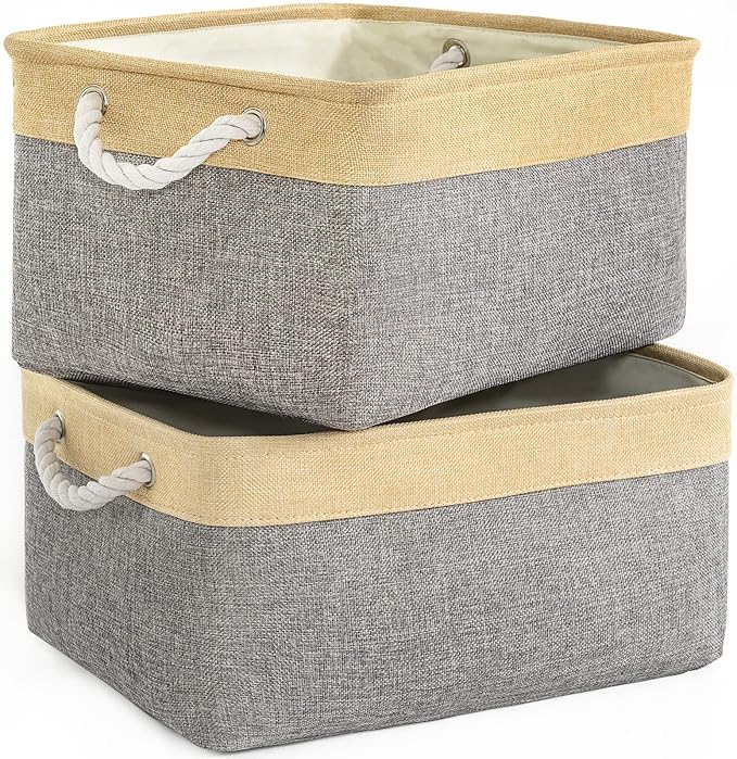 TheWarmHome Storage Basket for Organizing - 3 Pack 14x10x7 inch Large Collapsible Storage Bin for Shelves, Fabric Storage Cubes for Organizer ClosetCloth Gift Toy (Grey & Gold) by TheWarmHome