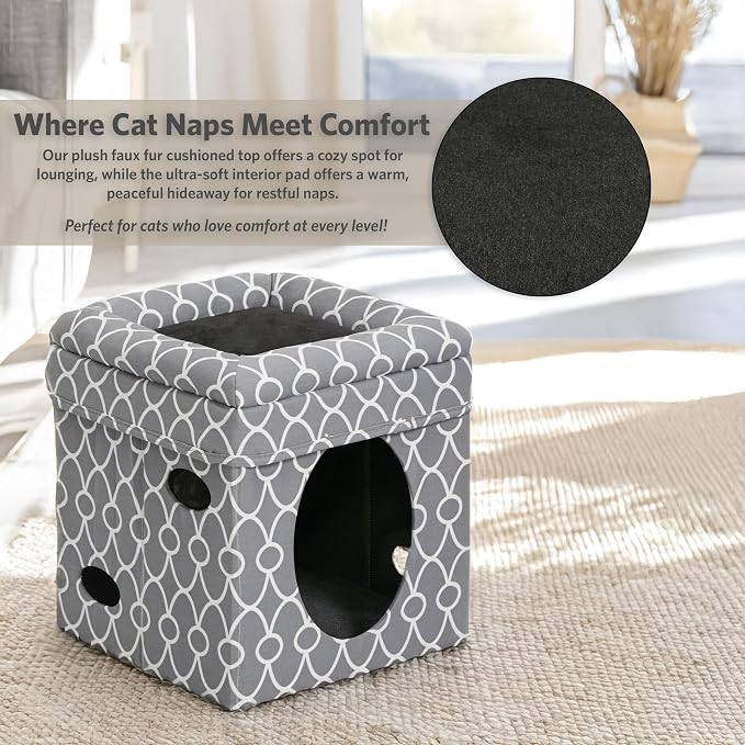 MidWest Homes for Pets Feline Nuvo Curious Cat Cube, Foldable Cat Hideout with Toy, Bolstered Bed Top, Gray Geo Print, Faux Fur - Image 3