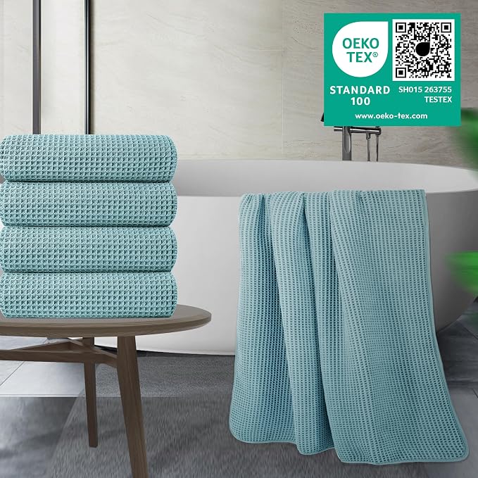 POLYTE 430 GSM Microfiber Oversize Quick Dry Lint Free Bath Towel, 60 x 30 in, 4 Pack (Waffle Weave) - Image 2