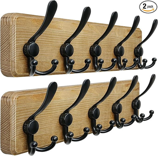 Dseap Coat Rack Wall Mount - Heavy-Duty Robust Barnwood-Style Wooden Wall Coat Hanger Hook Rail with 5 Triple Hooks for Winter Coats Hat Jacket Clothing, Weathered Brown & Black, Pack of 2 by Dseap
