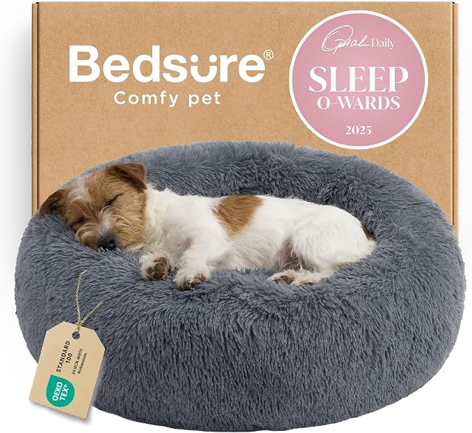 Bedsure Calming Small Medium Dog Bed Donut Washable Puppy Bed,27ins | Fluffy Faux Fur Round Cuddler,Anti-Slip Bottom,Anti-Anxiety,Deep Sleeping for Pets Up to 35 Lbs,Dark Grey by Unknown