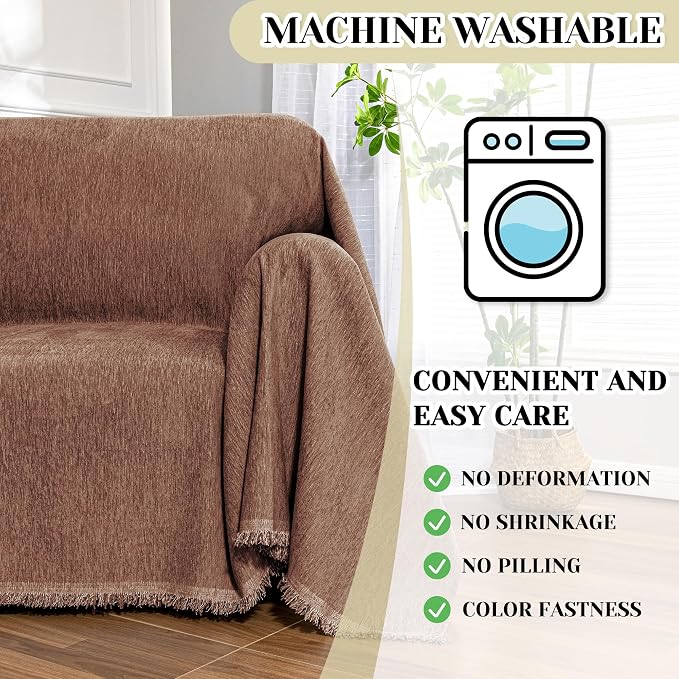 MEETSKY Sofa Covers Armchair Single Couch Cover for Dogs,Throw Couch Cover with Tassel Chair Recliner Futon Cover Washable 1 Cushion Couch Chenille Couch Protector, 71"x 91", Reddish Chocolate - Image 3
